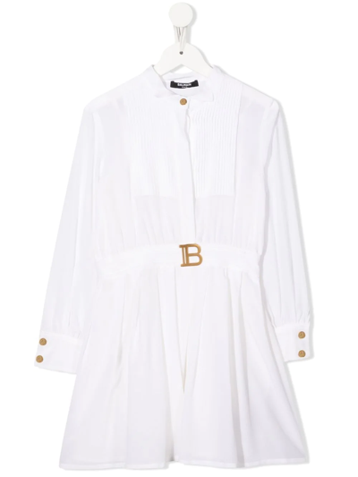 Shop Balmain Logo-plaque Ribbed-yoke Shirt Dress In White