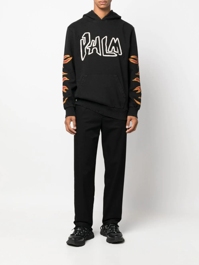 Shop Palm Angels Flame-print Cotton Hoodie In Black