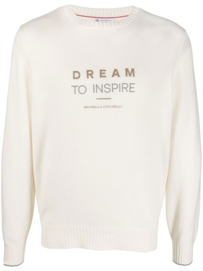 Brunello Cucinelli Cashmere Embroidered-slogan Jumper In Chv08 Panama+grigio Chiaro+grigio+camel