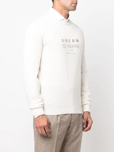 Brunello Cucinelli Cashmere Embroidered-slogan Jumper In Chv08 Panama+grigio Chiaro+grigio+camel