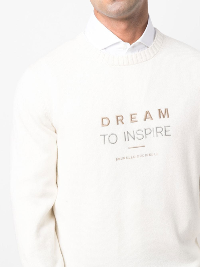 Brunello Cucinelli Cashmere Embroidered-slogan Jumper In Chv08 Panama+grigio Chiaro+grigio+camel