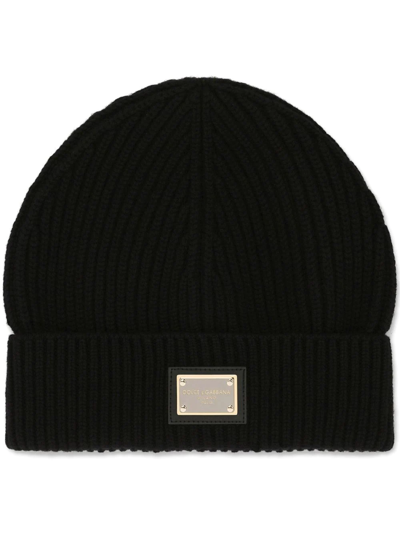 Dolce & Gabbana Ribbed Knit Cashmere Beanie Hat In Black
