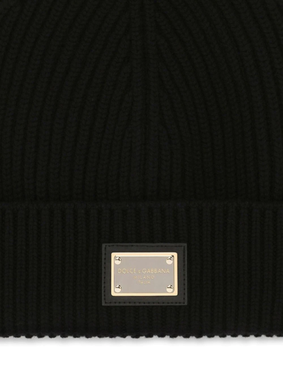 Dolce & Gabbana Ribbed Knit Cashmere Beanie Hat In Black