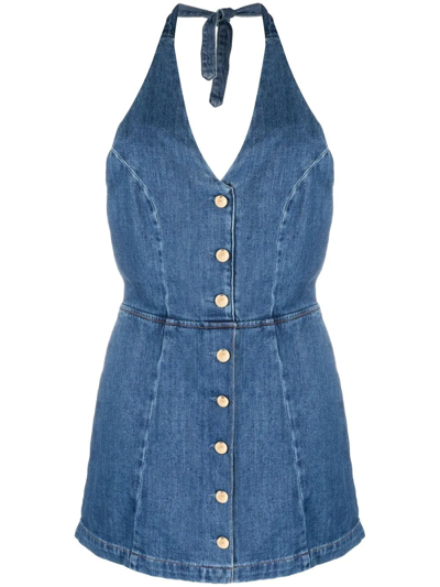 Shop Reformation Pamela Halterneck Denim Minidress In Blue