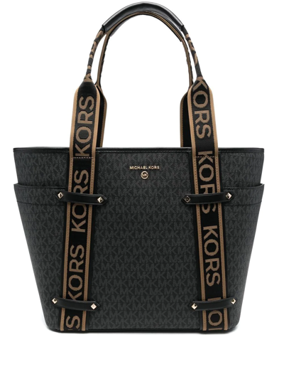 Shop Michael Kors Voyager Monogram Tote Bag In Schwarz