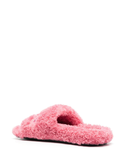 Shop Balenciaga Embroidered-logo Faux-fur Slides In Rosa