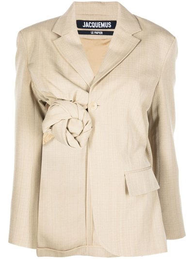 Shop Jacquemus Baccala Asymmetric Cropped Blazer In Nude