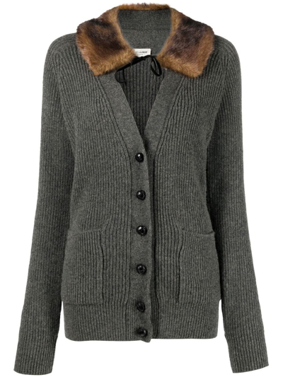 Saint Laurent Shearling-trim Ribbed Cardi-coat In Grey