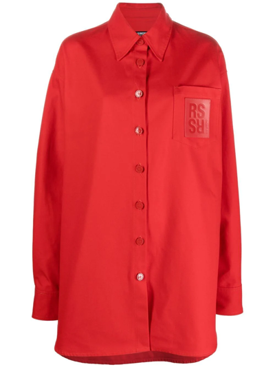 Shop Raf Simons Logo Patch Asymmetric Denim Shirt In Rot