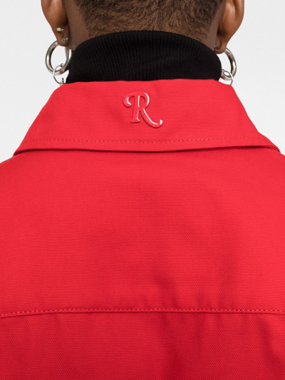 Shop Raf Simons Logo Patch Asymmetric Denim Shirt In Rot