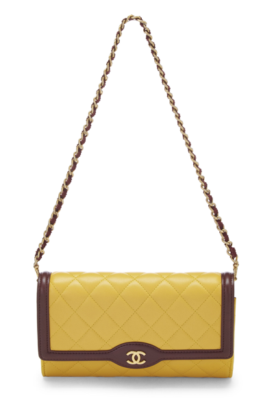 Pre-owned Chanel Yellow & Burgundy Quilted Lambskin Wallet On Chain (woc)