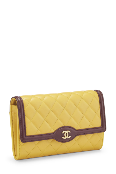Pre-owned Chanel Yellow & Burgundy Quilted Lambskin Wallet On Chain (woc)
