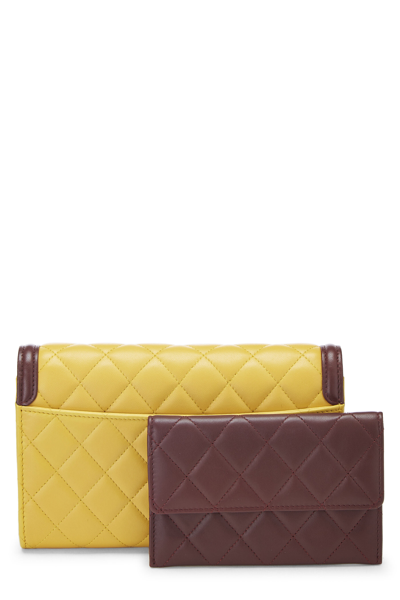 Pre-owned Chanel Yellow & Burgundy Quilted Lambskin Wallet On Chain (woc)