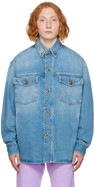 Shop Versace Blue Medusa Denim Jacket In 1d360 Blu Chiaro Sbi