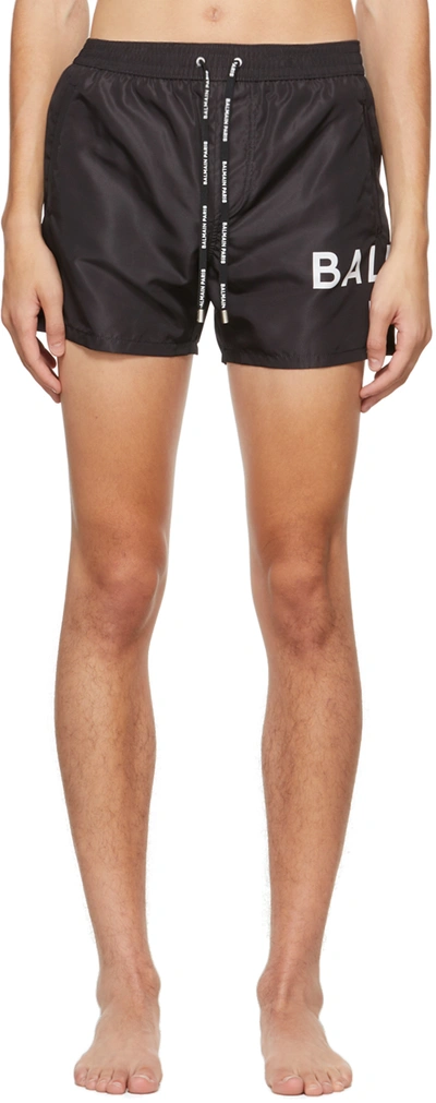 Shop Balmain Black Printed Swim Shorts In 010 - Black/white