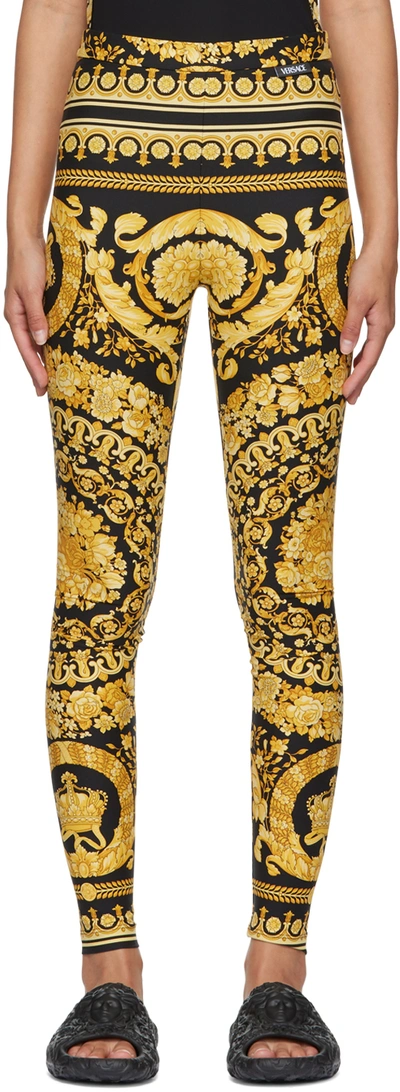 Versace Gold And Black Stretch Fabric Leggings With Baroque Heriatge Print In 5b000 Black+gold