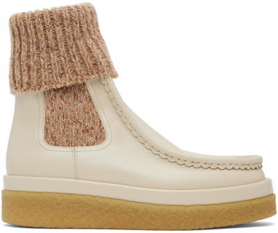 Chloé Jamie Leather And Ribbed-knit Ankle Boots In 122 Eggshell