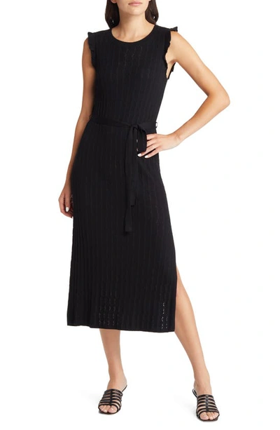 Shop Paige Gardenia Pointelle Stitch Sweater Dress In Black