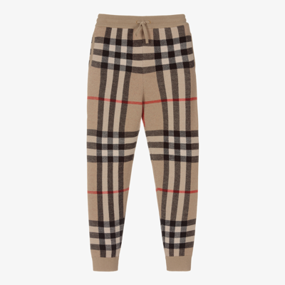 Shop Burberry Teen Boys Check Knit Joggers In Beige