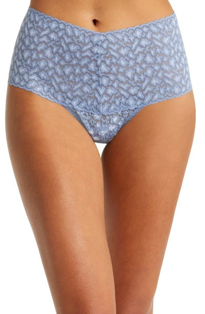 Shop Hanky Panky X-dye Leopard Print Retro Lace Thong In Stonewash Blue/ Serenity Blue