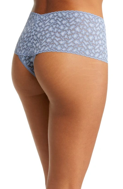 Shop Hanky Panky X-dye Leopard Print Retro Lace Thong In Stonewash Blue/ Serenity Blue