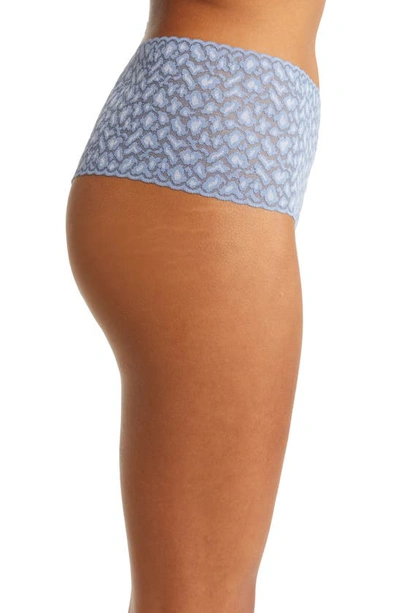 Shop Hanky Panky X-dye Leopard Print Retro Lace Thong In Stonewash Blue/ Serenity Blue