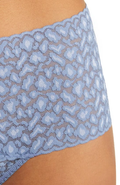 Shop Hanky Panky X-dye Leopard Print Retro Lace Thong In Stonewash Blue/ Serenity Blue