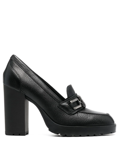 Shop Hogan Heeled Calf-leather Loafers In Black