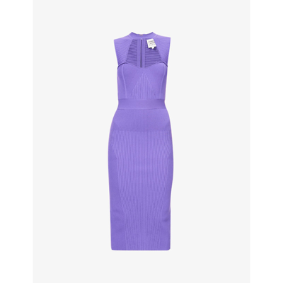 Shop Herve Leger Cut-out Ribbed Recycled Rayon-blend Midi Dress In Ultraviolet