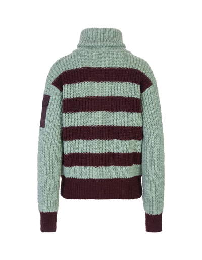 Shop Moncler Woman Mint Green And Burgundy Striped Wool And Cotton Cardigan In Verde Menta/bordeaux