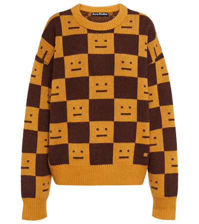 Shop Acne Studios Face Jacquard Wool Sweater In Ochre Orange Coffee Brown