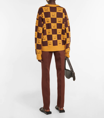 Shop Acne Studios Face Jacquard Wool Sweater In Ochre Orange Coffee Brown