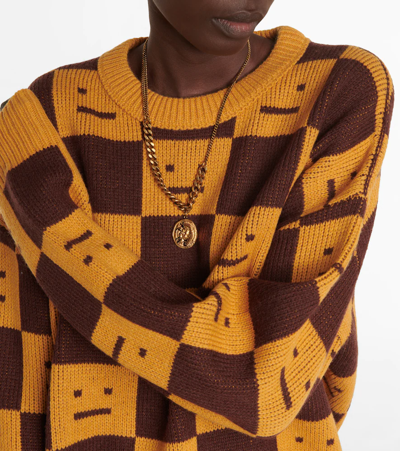 Shop Acne Studios Face Jacquard Wool Sweater In Ochre Orange Coffee Brown