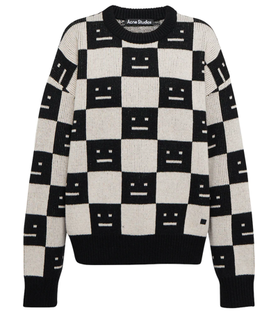 Shop Acne Studios Face Jacquard Wool Sweater In Black Oatmeal Beige