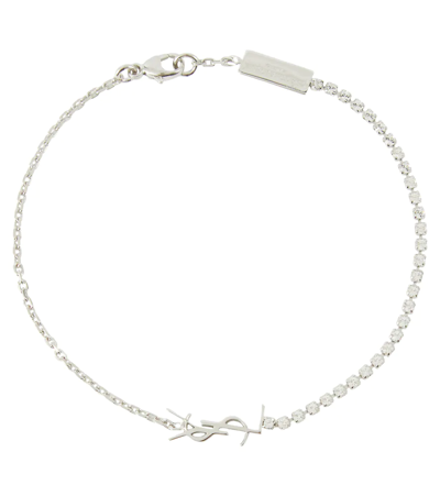 Shop Saint Laurent Opyum Crystal-embellished Bracelet In Palladium/crystal