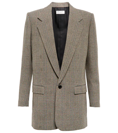 Shop Saint Laurent Checked Wool-blend Blazer In Kaki Multico