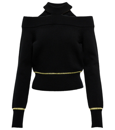 Shop Alexander Mcqueen Cold Shoulder Wool Sweater In Black/bright Yellow