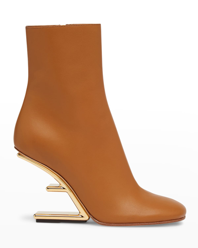 Shop Fendi Lambskin Metallic F-heel Ankle Booties In Brown