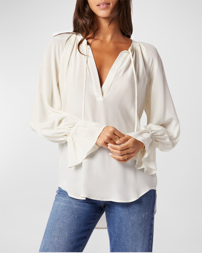 Shop Joie Cecarina Ruched Bell-sleeve Tassel Top In Porcelain