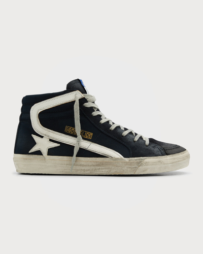 Shop Golden Goose Men's Slide Denim & Leather High-top Sneakers In Navy Blue/whitepl