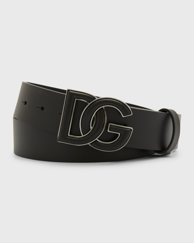 Shop Dolce & Gabbana Men's Dg-buckle Leather Belt In Black