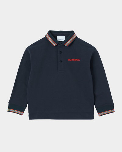 Shop Burberry Boy's Christo Embroidered Logo Polo Shirt In Midnight