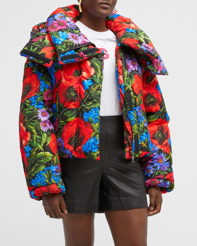 Shop Dolce & Gabbana Floral-print Hooded Crop Puffer Jacket In Black Prt