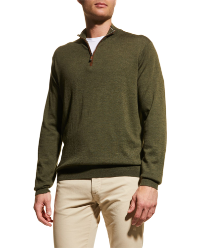 Shop Peter Millar Men's Crown Wool-blend Quarter-zip Sweater In Olive Branch