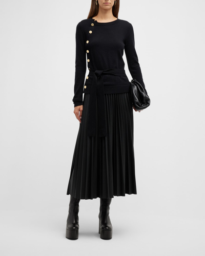 Shop Altuzarra Agan Mixed-media Belted Vegan Leather Midi Dress In Black