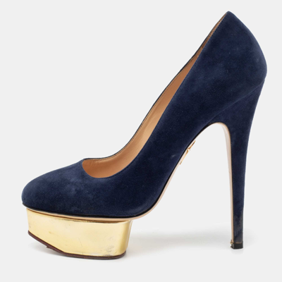 Pre-owned Charlotte Olympia Navy Blue Suede Dolly Platform Pumps Size 38