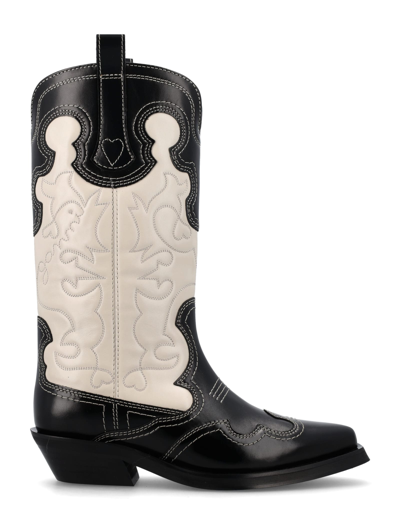 Shop Ganni Embroidered Western Boots In Black Egret
