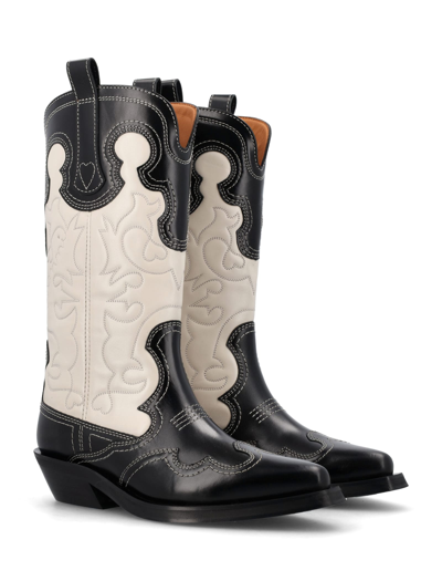 Shop Ganni Embroidered Western Boots In Black Egret