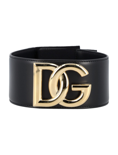 Shop Dolce & Gabbana Stretch Band And Lux Leather Belt With Dg Logo In Black