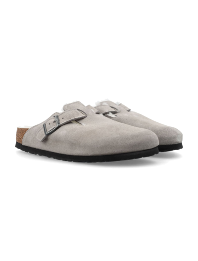 Birkenstock Stone Grey Boston Fur-lined Buckle Sandals In Stone Coin